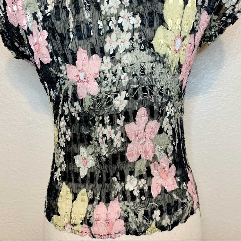 Alberto Makali Floral Semi-Sheer Top Short Sleeves Sequins Details Black Medium - Picture 10 of 14